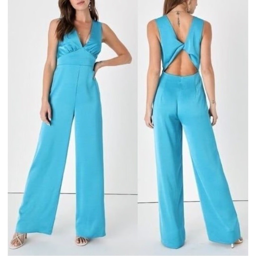 Lulu's Remarkable Style Blue Satin Twist-Back Cutout‎ Wide-Leg Jumpsuit